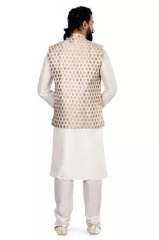 Men White Jacquard Silk Nehru Jacket with Plain White Dupion Silk Kurta Churidar