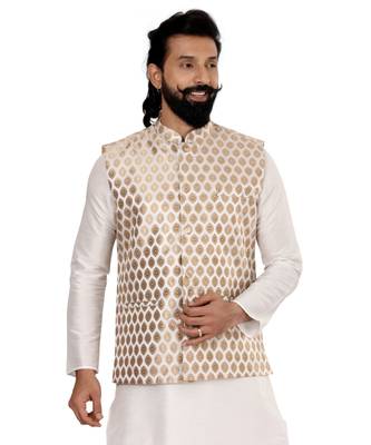 Men White Jacquard Silk Nehru Jacket with Plain White Dupion Silk Kurta Churidar 6