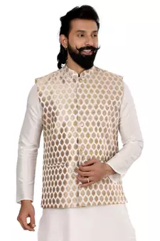 Men White Jacquard Silk Nehru Jacket with Plain White Dupion Silk Kurta Churidar