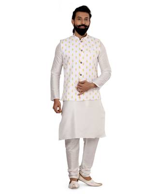 Men White Cotton Printed Nehru Jacket with Plain White Dupion Silk Kurta Churidar 2