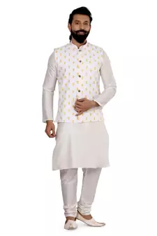 Men White Cotton Printed Nehru Jacket with Plain White Dupion Silk Kurta Churidar