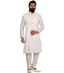 Men White Cotton Printed Nehru Jacket with Plain White Dupion Silk Kurta Churidar