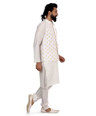 Men White Cotton Printed Nehru Jacket with Plain White Dupion Silk Kurta Churidar 3