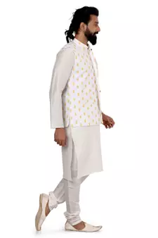 Men White Cotton Printed Nehru Jacket with Plain White Dupion Silk Kurta Churidar