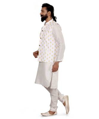Men White Cotton Printed Nehru Jacket with Plain White Dupion Silk Kurta Churidar 4