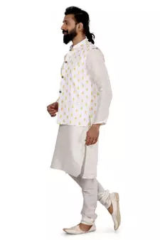 Men White Cotton Printed Nehru Jacket with Plain White Dupion Silk Kurta Churidar