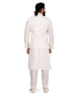 Men White Cotton Printed Nehru Jacket with Plain White Dupion Silk Kurta Churidar 5