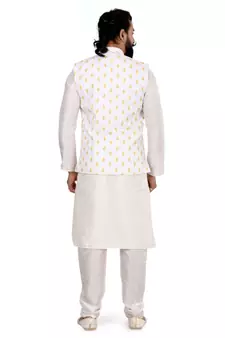 Men White Cotton Printed Nehru Jacket with Plain White Dupion Silk Kurta Churidar