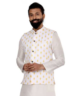 Men White Cotton Printed Nehru Jacket with Plain White Dupion Silk Kurta Churidar 6