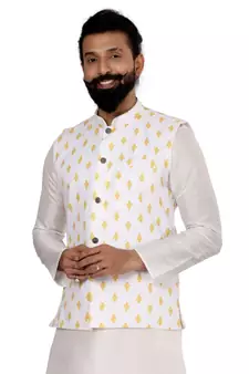 Men White Cotton Printed Nehru Jacket with Plain White Dupion Silk Kurta Churidar