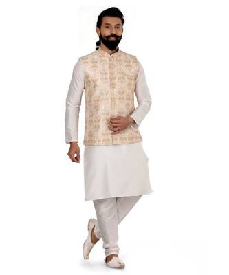 Men White Dupion Silk Embroidered Nehru Jacket with Plain White Dupion Silk Kurta Churidar 2