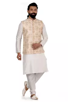 Men White Dupion Silk Embroidered Nehru Jacket with Plain White Dupion Silk Kurta Churidar