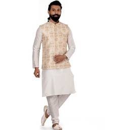 Men White Dupion Silk Embroidered Nehru Jacket with Plain White Dupion Silk Kurta Churidar