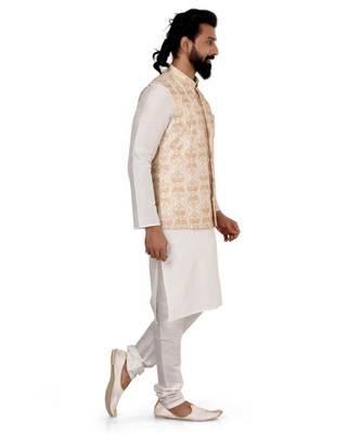 Men White Dupion Silk Embroidered Nehru Jacket with Plain White Dupion Silk Kurta Churidar 3