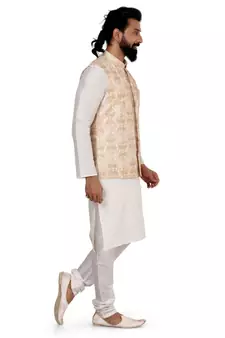 Men White Dupion Silk Embroidered Nehru Jacket with Plain White Dupion Silk Kurta Churidar