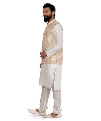 Men White Dupion Silk Embroidered Nehru Jacket with Plain White Dupion Silk Kurta Churidar 4