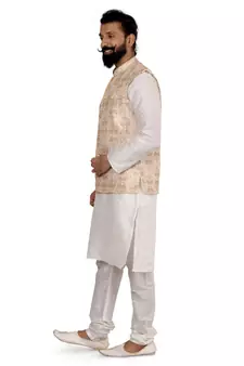 Men White Dupion Silk Embroidered Nehru Jacket with Plain White Dupion Silk Kurta Churidar