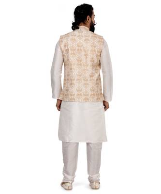 Men White Dupion Silk Embroidered Nehru Jacket with Plain White Dupion Silk Kurta Churidar 5