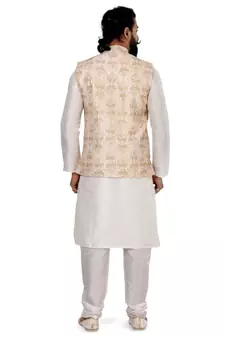 Men White Dupion Silk Embroidered Nehru Jacket with Plain White Dupion Silk Kurta Churidar