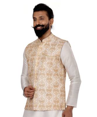 Men White Dupion Silk Embroidered Nehru Jacket with Plain White Dupion Silk Kurta Churidar 6