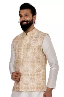 Men White Dupion Silk Embroidered Nehru Jacket with Plain White Dupion Silk Kurta Churidar