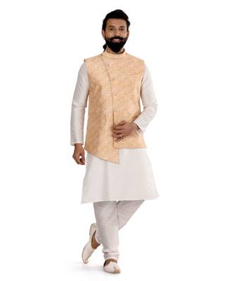 Men Yellow Jacquard Silk Nehru Jacket with Plain White Dupion Silk Kurta Churidar 2