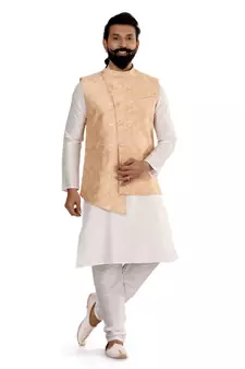 Men Yellow Jacquard Silk Nehru Jacket with Plain White Dupion Silk Kurta Churidar