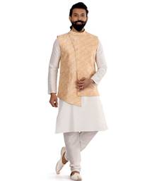 Men Yellow Jacquard Silk Nehru Jacket with Plain White Dupion Silk Kurta Churidar