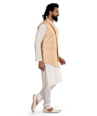 Men Yellow Jacquard Silk Nehru Jacket with Plain White Dupion Silk Kurta Churidar 3