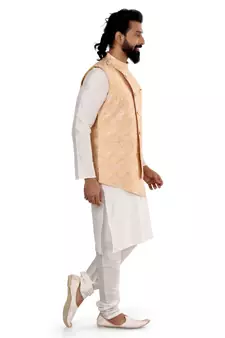 Men Yellow Jacquard Silk Nehru Jacket with Plain White Dupion Silk Kurta Churidar