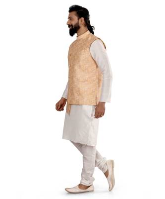 Men Yellow Jacquard Silk Nehru Jacket with Plain White Dupion Silk Kurta Churidar 4
