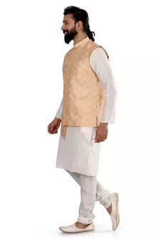 Men Yellow Jacquard Silk Nehru Jacket with Plain White Dupion Silk Kurta Churidar