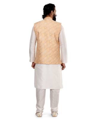 Men Yellow Jacquard Silk Nehru Jacket with Plain White Dupion Silk Kurta Churidar 5