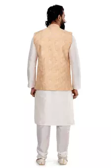 Men Yellow Jacquard Silk Nehru Jacket with Plain White Dupion Silk Kurta Churidar