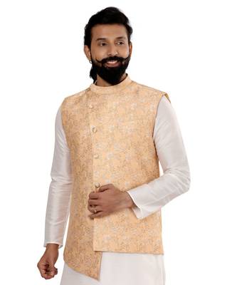 Men Yellow Jacquard Silk Nehru Jacket with Plain White Dupion Silk Kurta Churidar 6
