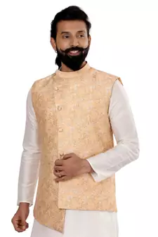Men Yellow Jacquard Silk Nehru Jacket with Plain White Dupion Silk Kurta Churidar