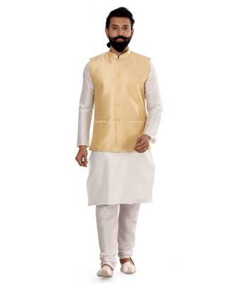 Men Golden Dupion Silk Nehru Jacket with Plain White Dupion Silk Kurta Churidar 2