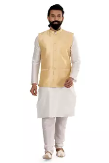 Men Golden Dupion Silk Nehru Jacket with Plain White Dupion Silk Kurta Churidar