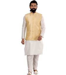 Men Golden Dupion Silk Nehru Jacket with Plain White Dupion Silk Kurta Churidar
