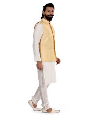 Men Golden Dupion Silk Nehru Jacket with Plain White Dupion Silk Kurta Churidar 3