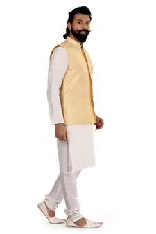 Men Golden Dupion Silk Nehru Jacket with Plain White Dupion Silk Kurta Churidar