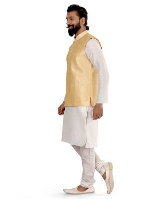 Men Golden Dupion Silk Nehru Jacket with Plain White Dupion Silk Kurta Churidar 4