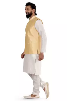 Men Golden Dupion Silk Nehru Jacket with Plain White Dupion Silk Kurta Churidar