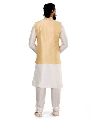 Men Golden Dupion Silk Nehru Jacket with Plain White Dupion Silk Kurta Churidar 5