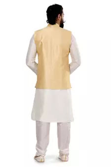 Men Golden Dupion Silk Nehru Jacket with Plain White Dupion Silk Kurta Churidar