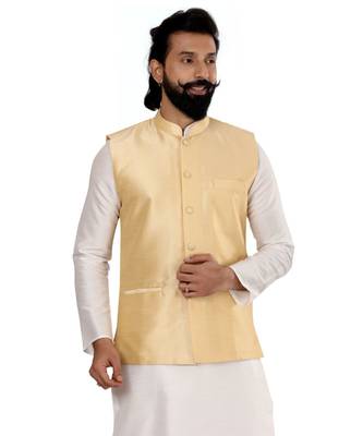 Men Golden Dupion Silk Nehru Jacket with Plain White Dupion Silk Kurta Churidar 6