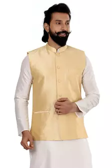 Men Golden Dupion Silk Nehru Jacket with Plain White Dupion Silk Kurta Churidar