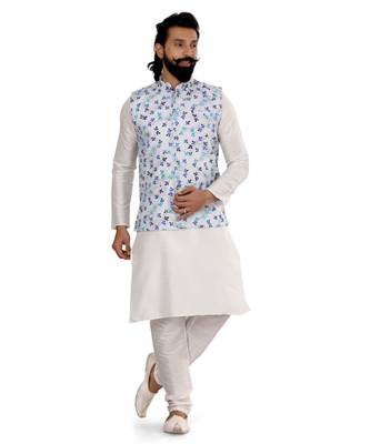 Men Off White Cotton Printed Nehru Jacket with Plain White Dupion Silk Kurta Churidar 2