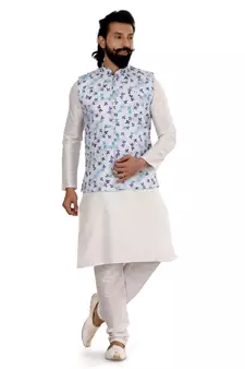 Men Off White Cotton Printed Nehru Jacket with Plain White Dupion Silk Kurta Churidar