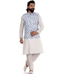 Men Off White Cotton Printed Nehru Jacket with Plain White Dupion Silk Kurta Churidar